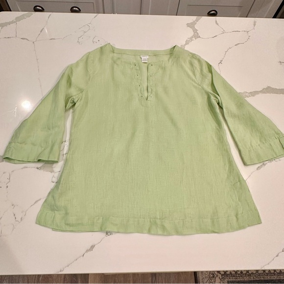 Soft Surroundings Light Green Mint Linen V-Neck Tunic Top Roll Tab Sleeve Large - Picture 3 of 13